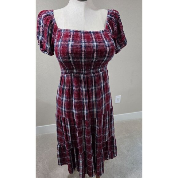 Plaid Smocked Red & Blue Midi Square Neck Dress With Puff Short Sleeves AE - Picture 4 of 6